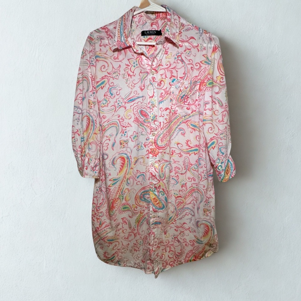 LAUREN RALPH LAUREN PINK PAISLEY LOGO SOFT COTTON GOWN SLEEP NIGHT SHIRT SMALL